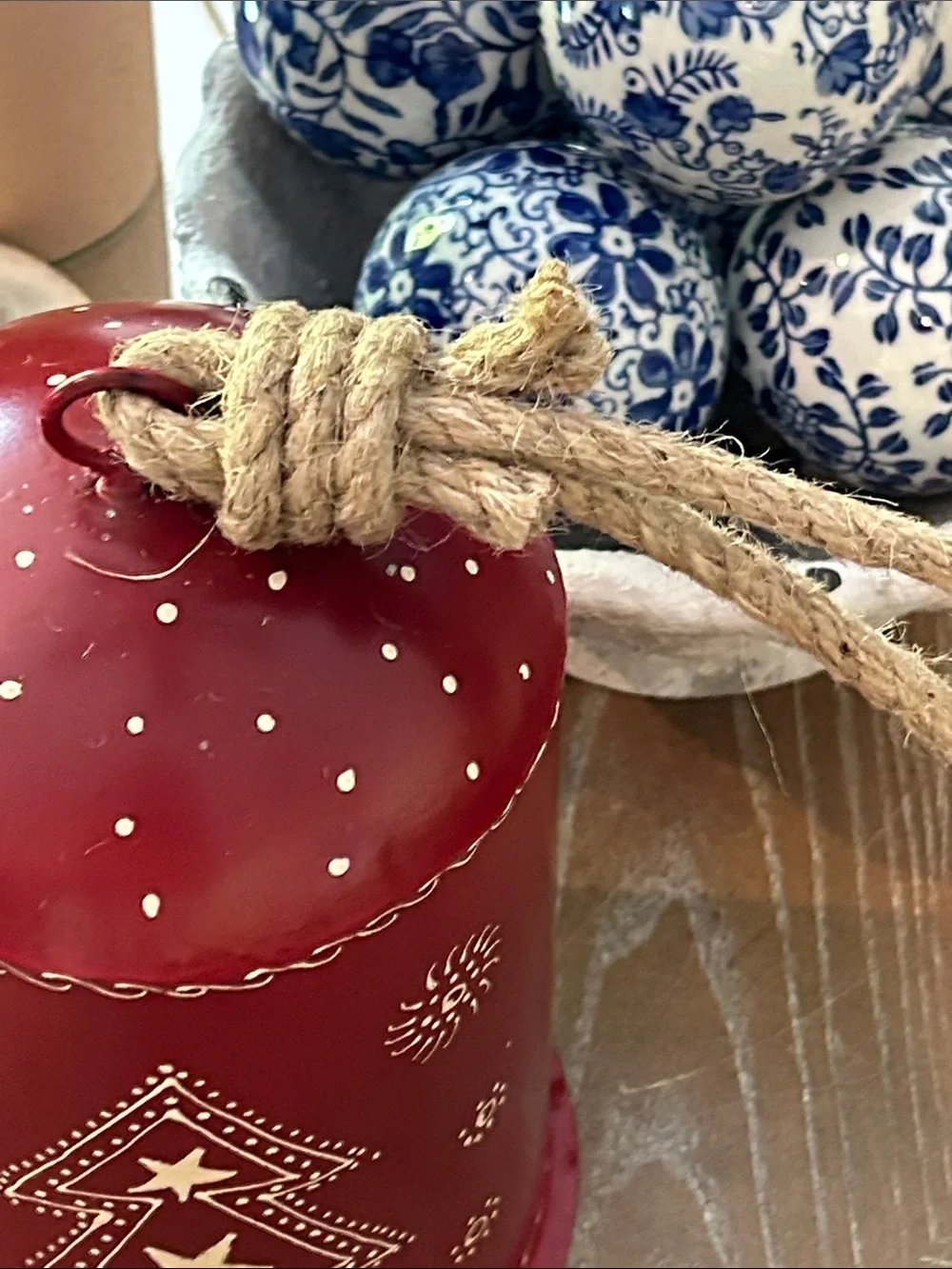 NEW! Vintage Inspired Winter Holiday Red Hand Painted Metal Bell Jute Rope